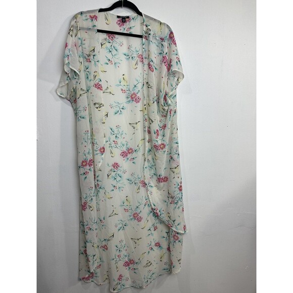 TORRID Women Ivory Pink Green Floral Birds‎ Short Sleeve Cardigan Dress Size 2/3 - Picture 1 of 9